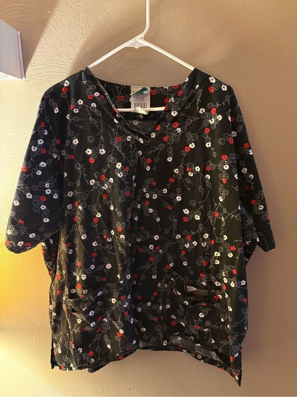 Women’s Black Floral Short-Sleeve Tee with Red & White Blossoms